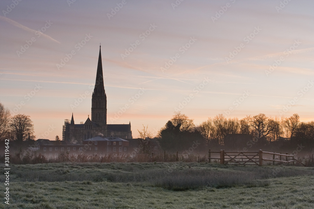 Salisbury cathedral at dawn