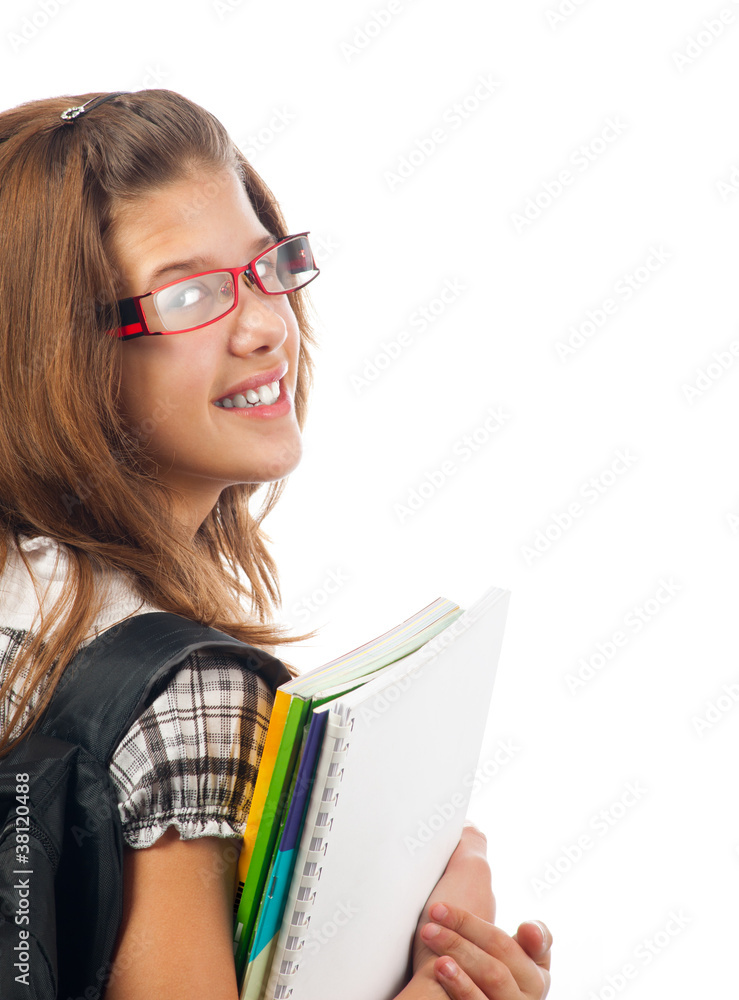 Pretty smiling teenage girl with school bag and notebooks Pretty smiling teenage girl with school bag and notebooks