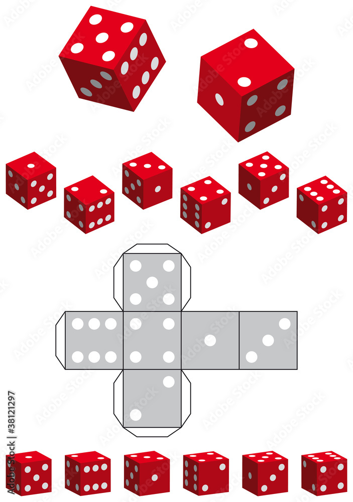 Red dice template. Sewing pattern of a cube and various 3D views.  Illustration on white background. Vector. vector de Stock | Adobe Stock