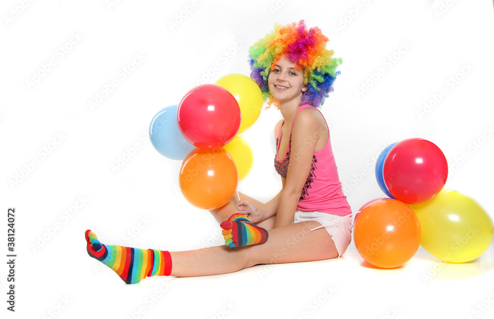 happy woman with colorful balloons over white happy woman with colorful balloons over white