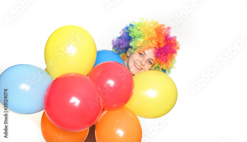 happy woman with colorful balloons over white