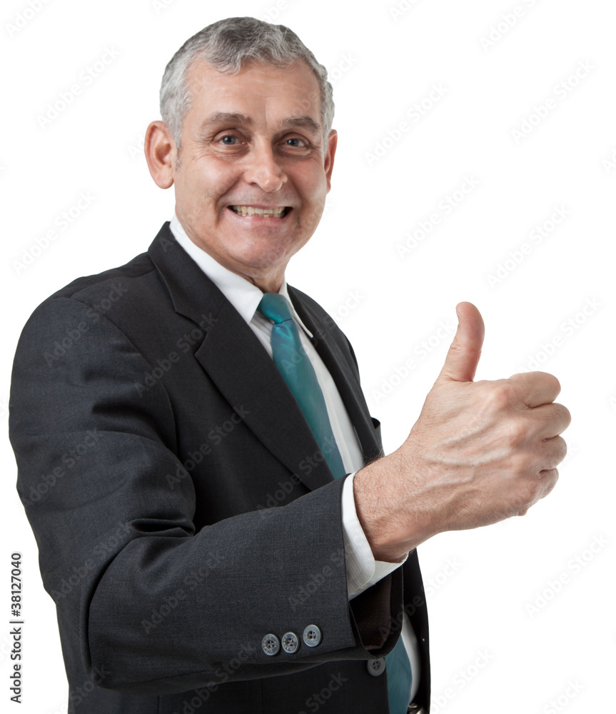 Portrait of confident mature businessman giving you thumbs up on Portrait of confident mature businessman giving you thumbs up on