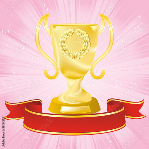 golden cup on strip pink background
