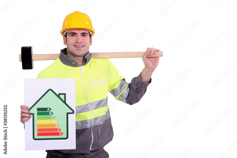 Construction worker with an energy rating card Construction worker with an energy rating card