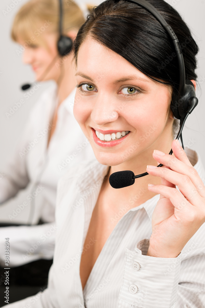 Customer service woman call center phone headset Customer service woman call center phone headset