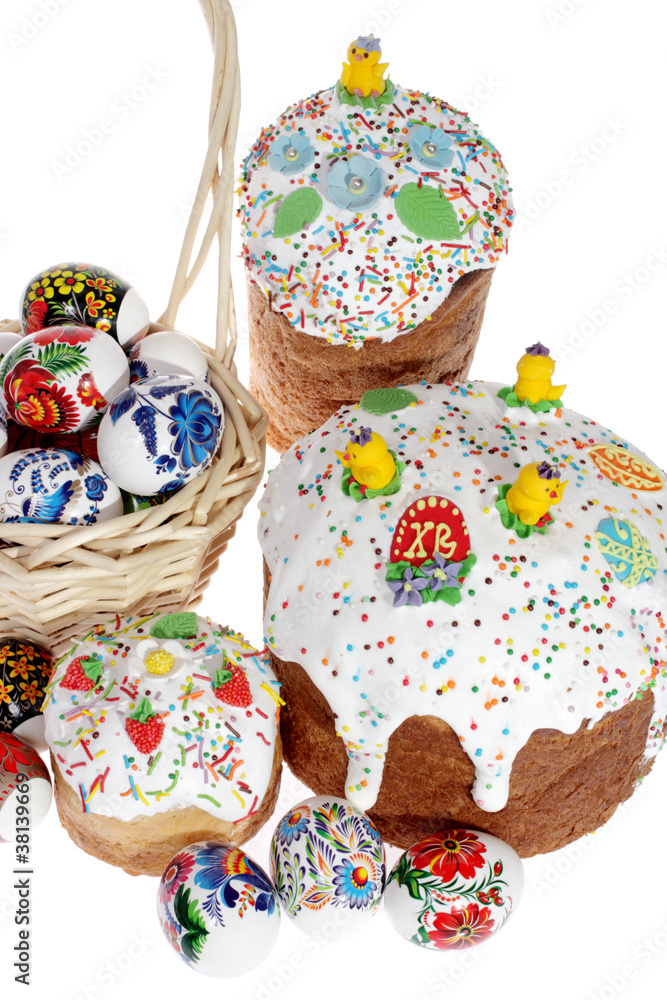 Russian Easter cake and colourful easter eggs isolated Russian Easter cake and colourful easter eggs isolated