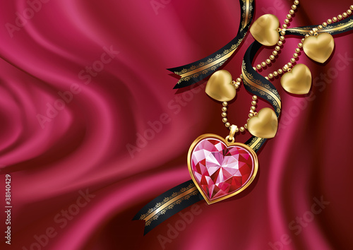 Necklace heart on red silk