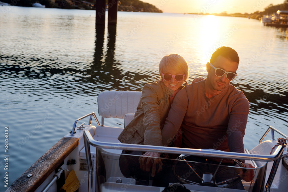 Fototapeta premium couple in love have romantic time on boat