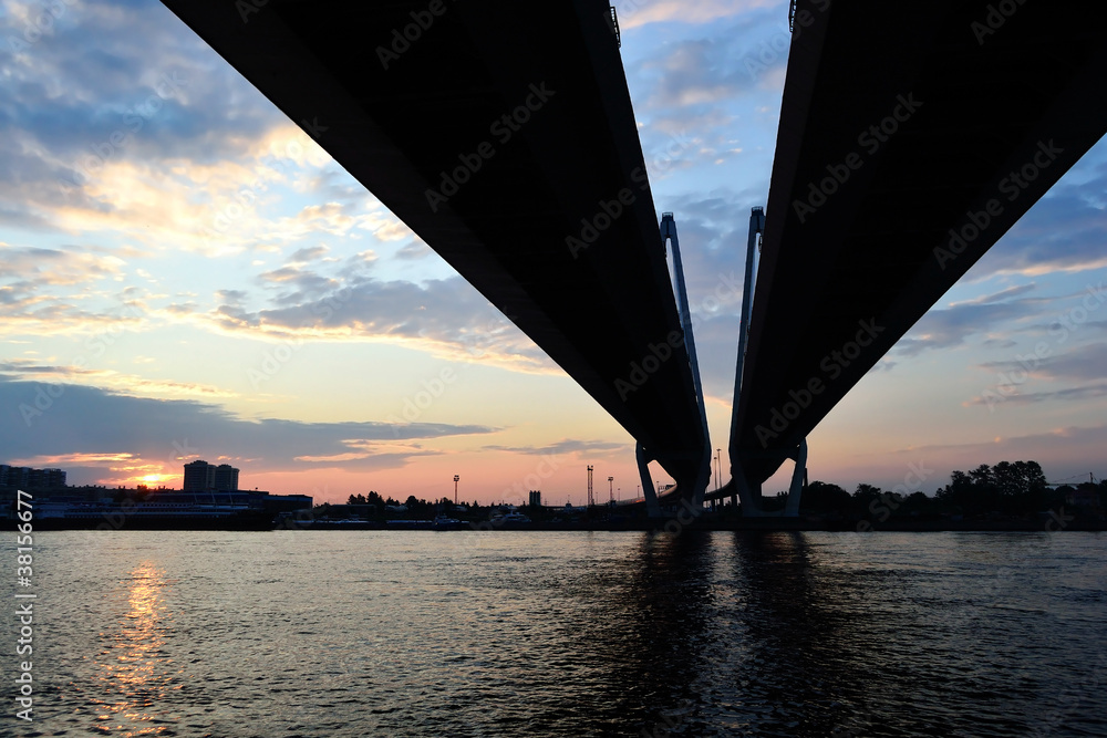 Cable-braced bridge before dawn in St.Petersburg.