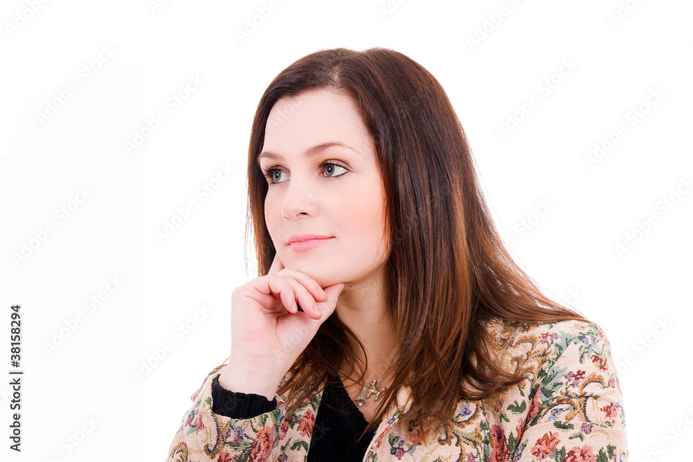 Pensive beautiful young woman on white background Pensive beautiful young woman on white background