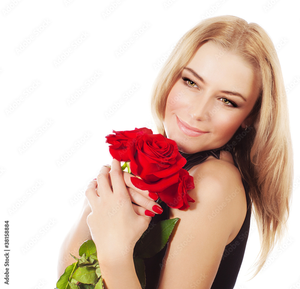 Beautiful female holding red roses bouquet Beautiful female holding red roses bouquet