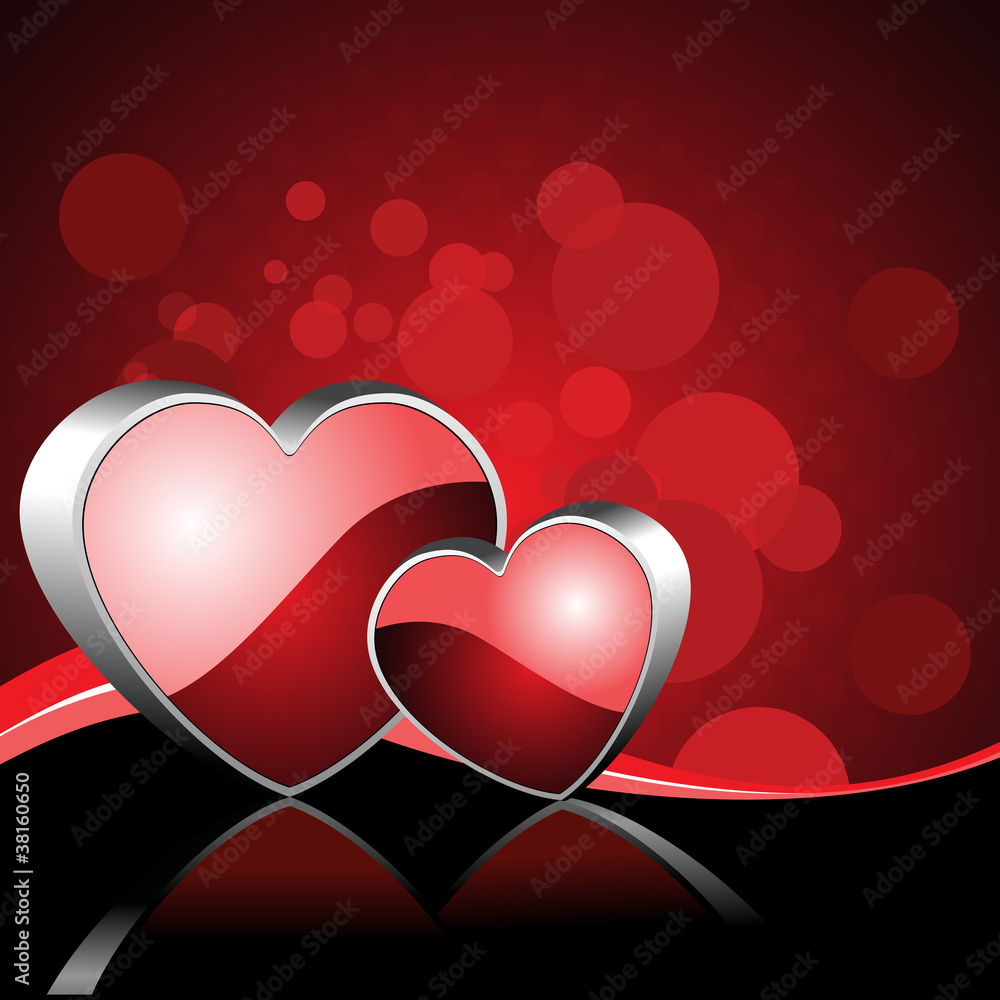 Vector illustration of two heart shapes on red color background