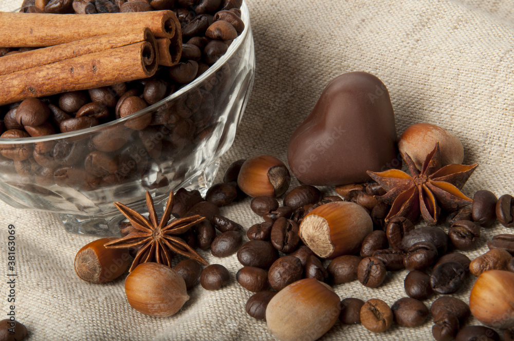 coffee beans, chocolate and cinnamon coffee beans, chocolate and cinnamon