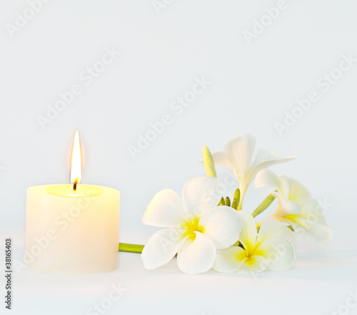 Aroma candle and frangipani flower, serenity concept