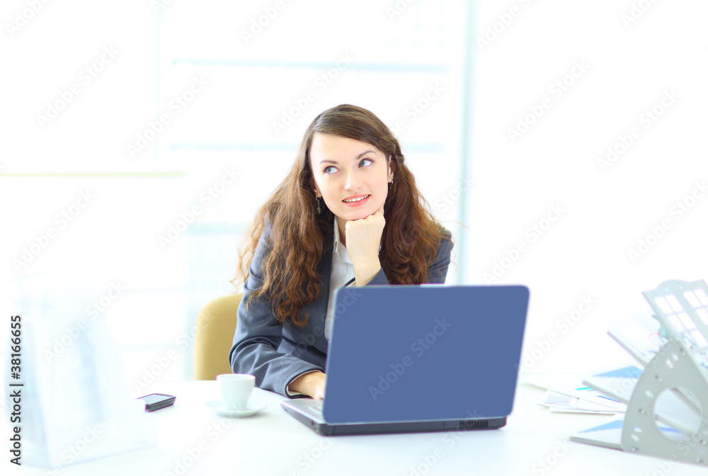 Young dreamy business woman, working with