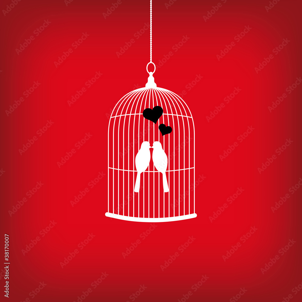 Valentine's Day card with birdcage and kissing birds. Valentine's Day card with birdcage and kissing birds.