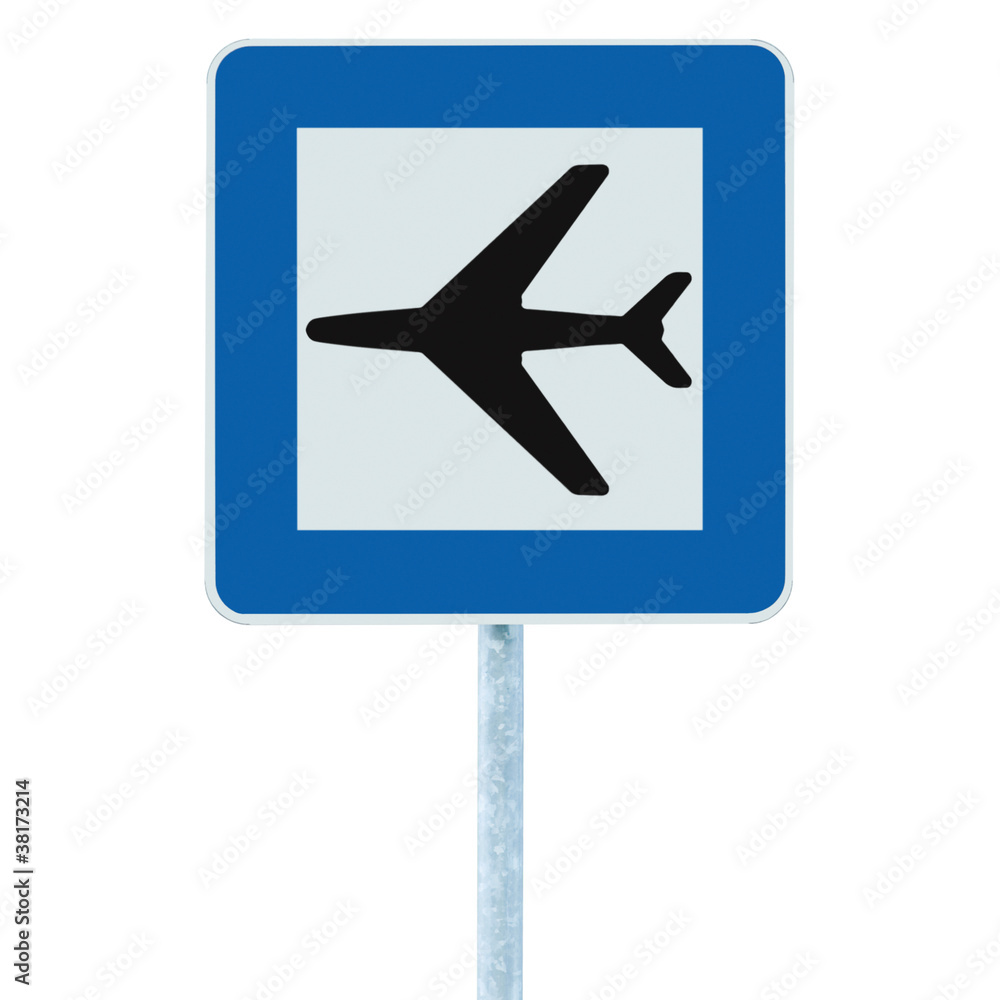 Airport road sign, blue isolated traffic signage, airplane icon Airport road sign, blue isolated traffic signage, airplane icon