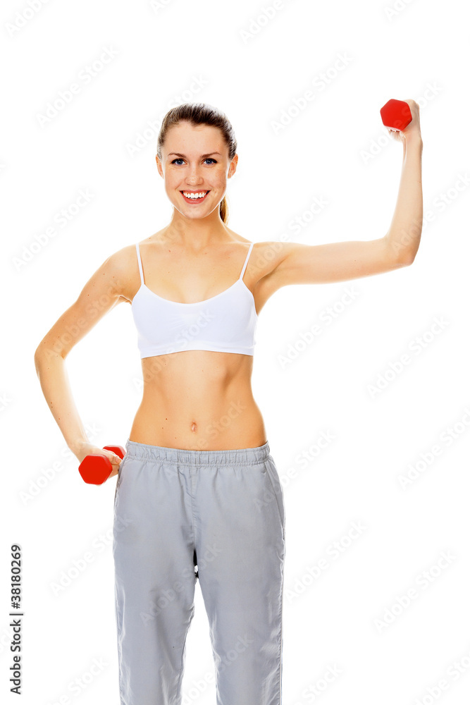 Pretty girl with red barbells posing against white background Pretty girl with red barbells posing against white background