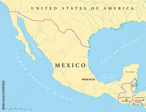 Mexico political map with capital Mexico City, national borders, rivers and lakes. English labeling and scaling. Illustration on white background. Vector.