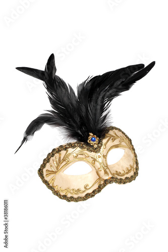Gold and black feathered mask white with clipping path.