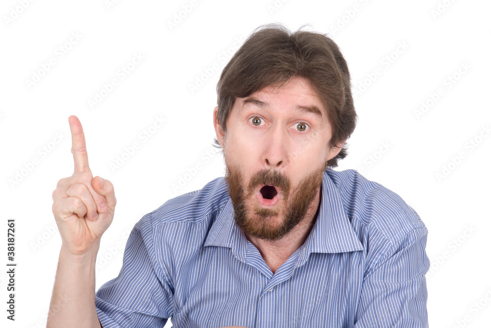 The nice man points a finger upwards The nice man points a finger upwards