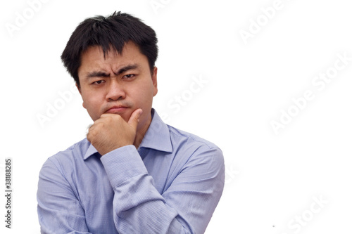 Isolation photo of businessman thinking hard