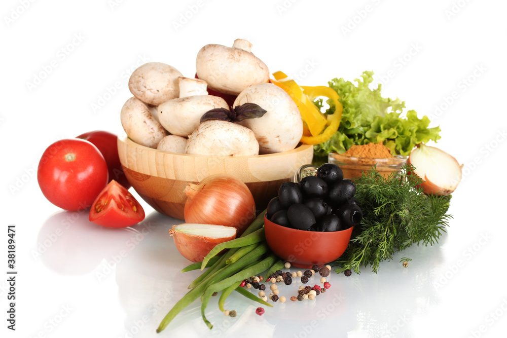 mushrooms in a wooden bowl and vegetables isolated on white mushrooms in a wooden bowl and vegetables isolated on white