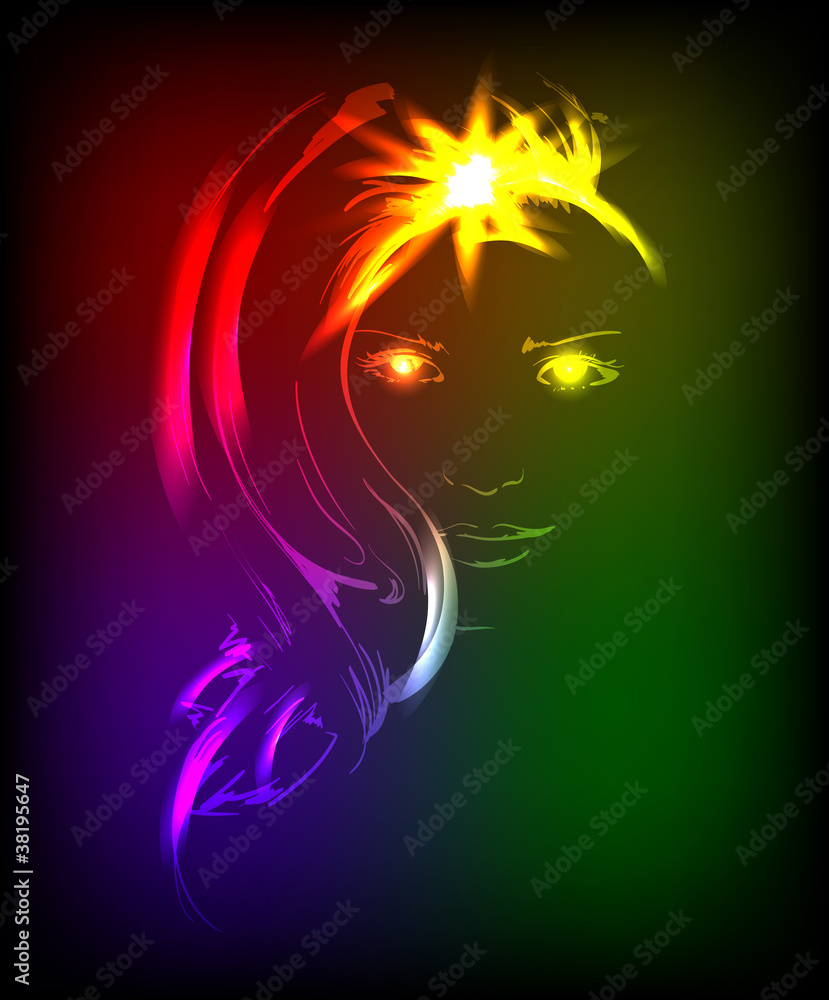 Hand-drawn fashion model from a neon. Vector illustration. A lig Hand-drawn fashion model from a neon. Vector illustration. A lig