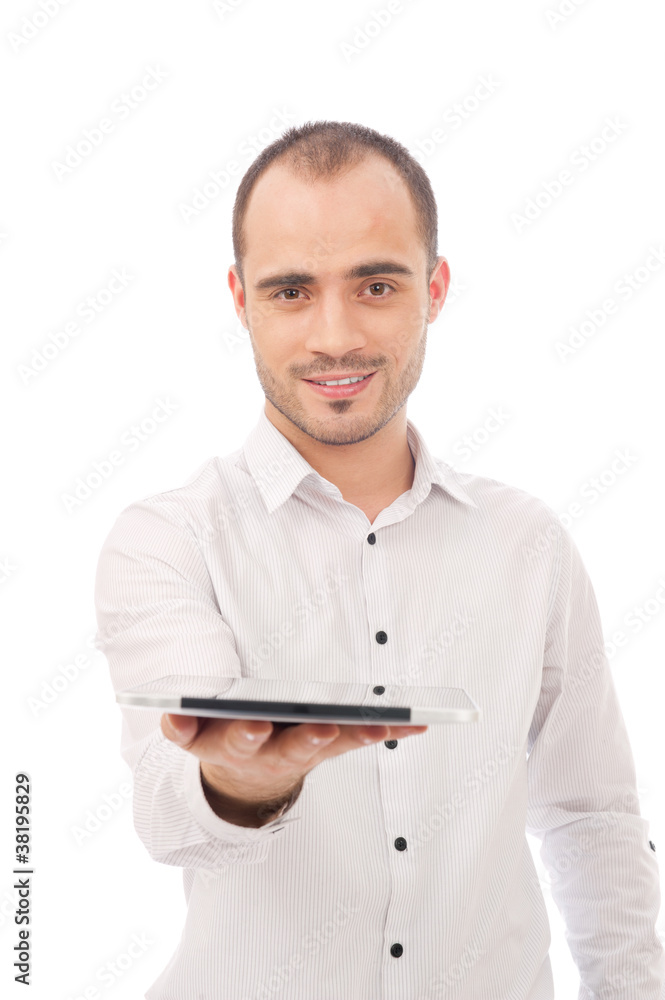 Man showing tablet computer and smiling isolated on white backg Man showing tablet computer and smiling isolated on white backg