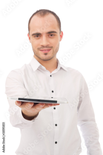 Man excited holding tablet pc isolated on white background. Chee