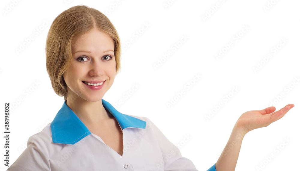 Young medical doctor woman presenting and showing copy space Young medical doctor woman presenting and showing copy space