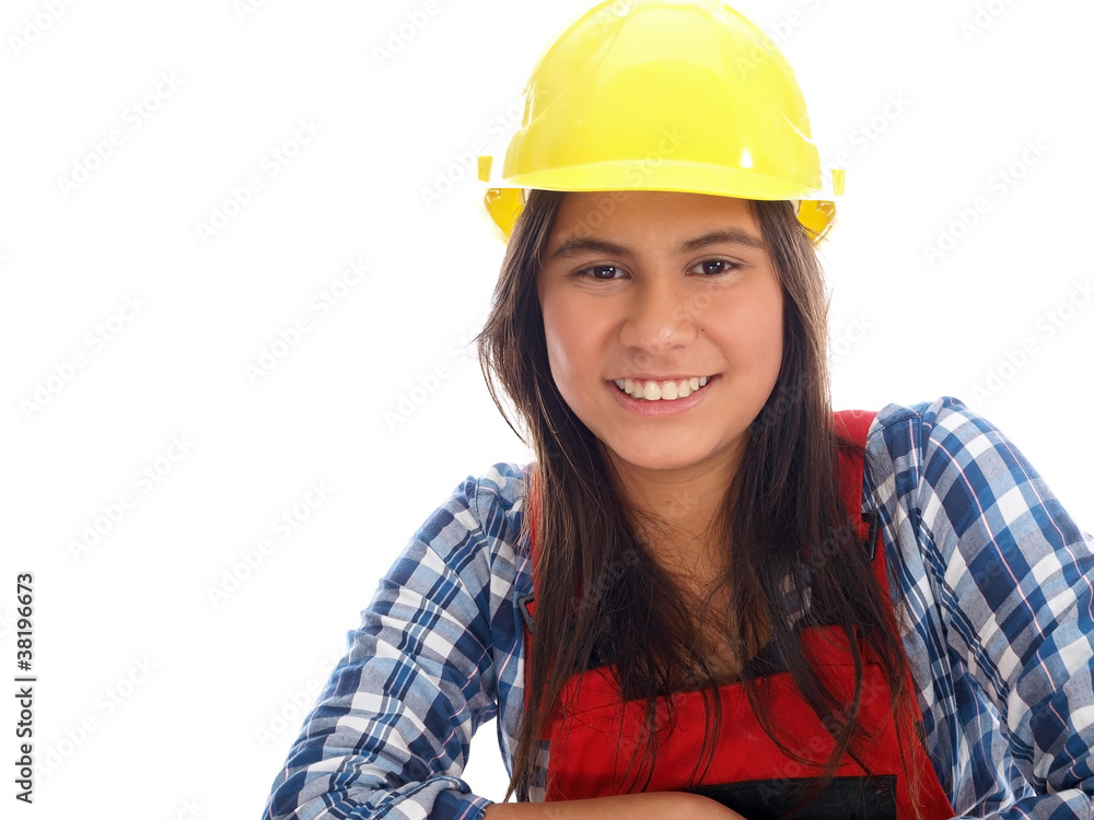 smiling girl with construction helmet smiling girl with construction helmet