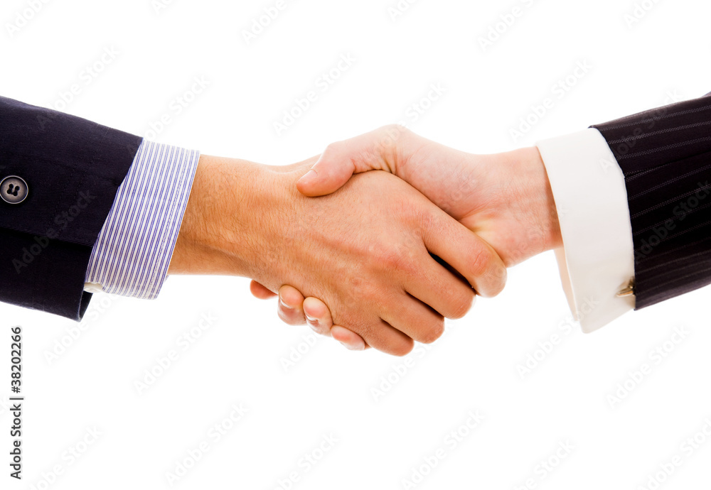 Business hand shake on white background Business hand shake on white background
