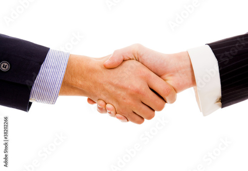 Business hand shake on white background