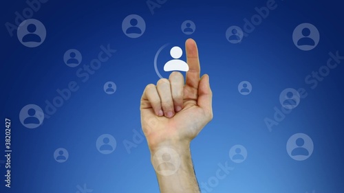 Hand pressing virtual button, symbol of social network