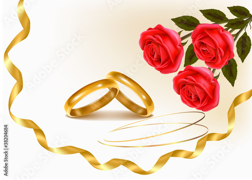 Background with wedding rings and roses bouquet.