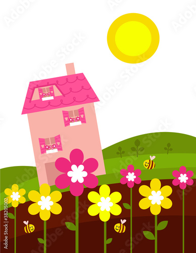 Pink house behind spring flowers