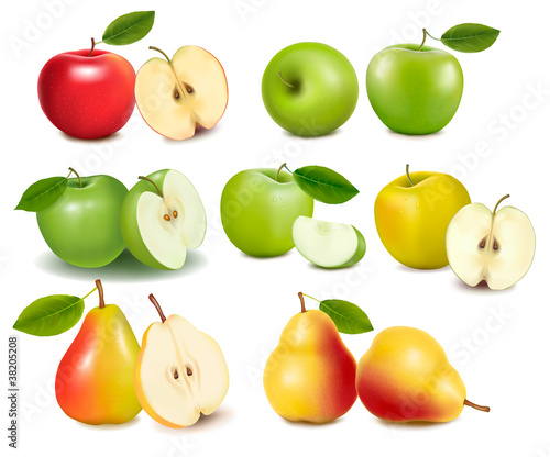 Set of red and green apple fruits with cut and pears.