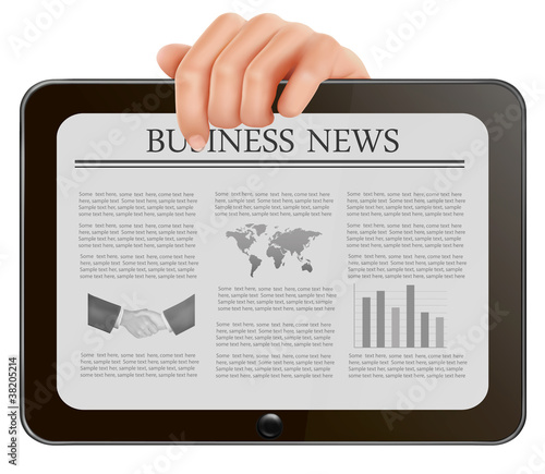 Hand holding digital tablet pc with business news.