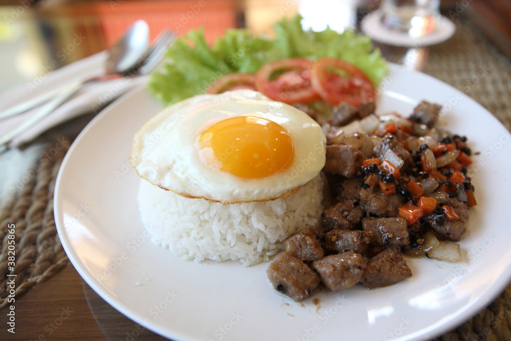 roast beef with black pepper and fried egg on rice roast beef with black pepper and fried egg on rice