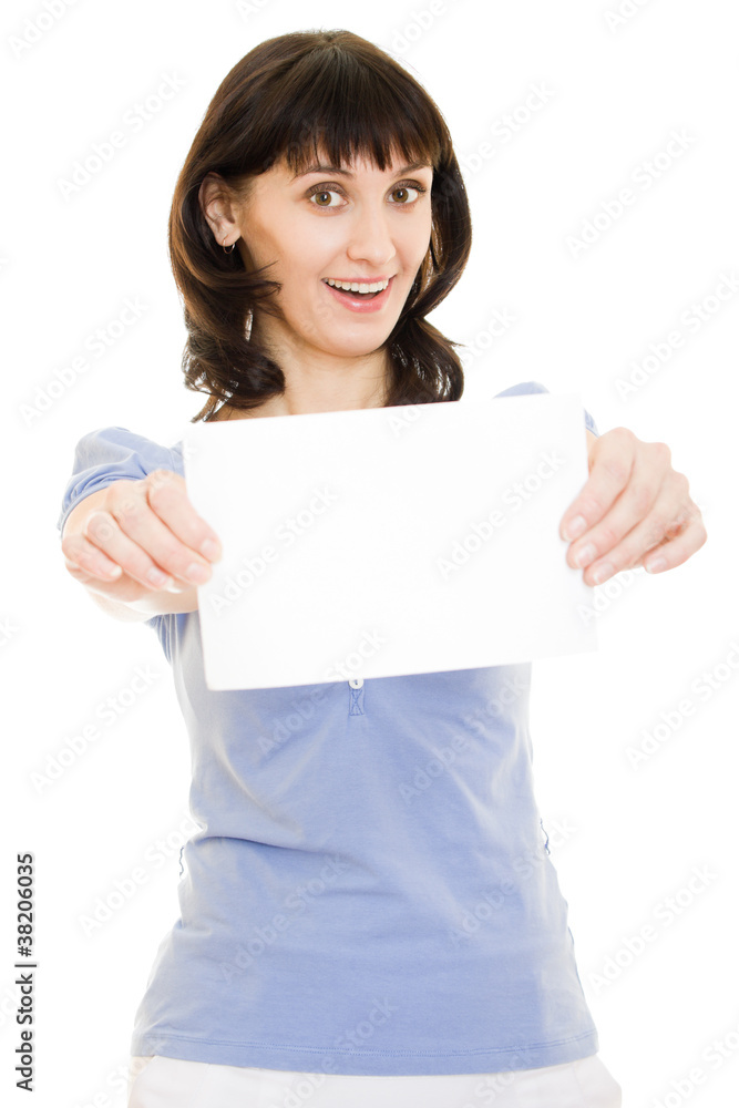 Happy woman showing blank signboard, isolated Happy woman showing blank signboard, isolated
