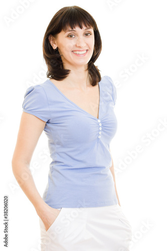 A woman in a blue shirt and white skirt on a white background. © Sergey Khamidulin