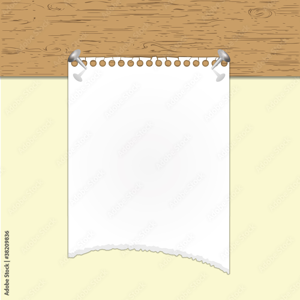 Torn paper note holding by nails on wood board. Torn paper note holding by nails on wood board.