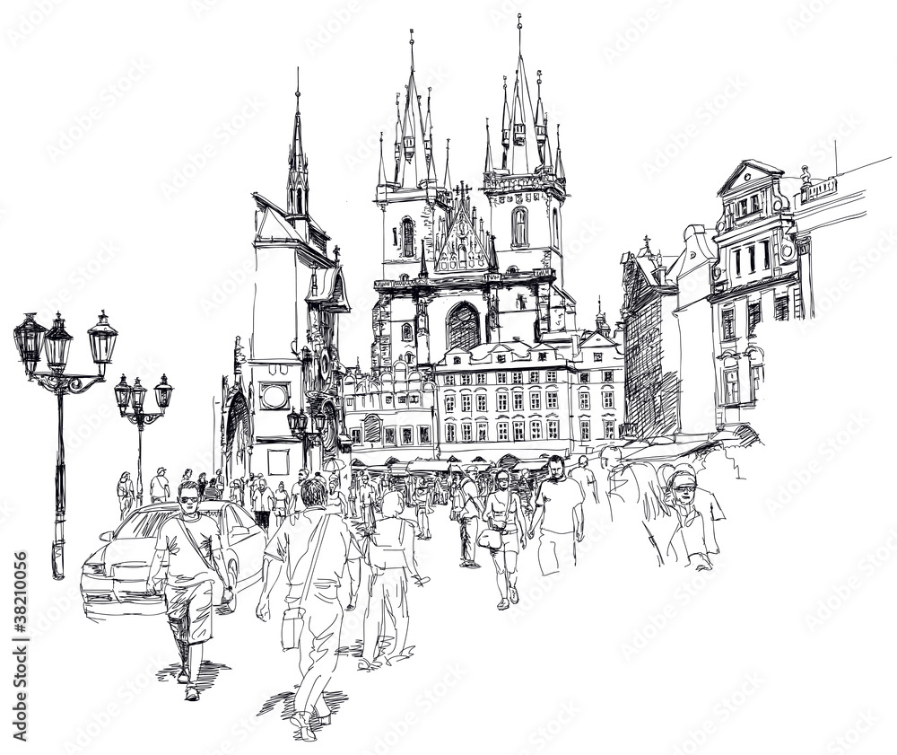 Old Town Square, Prague, Czech Republic - a vector sketch