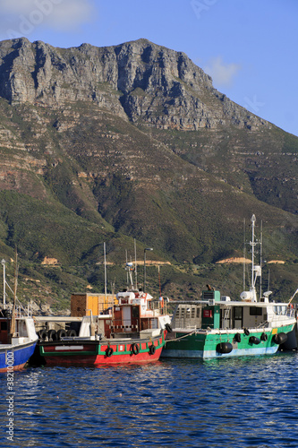 Red and Green Boats in Cape Town with mountain backdrop