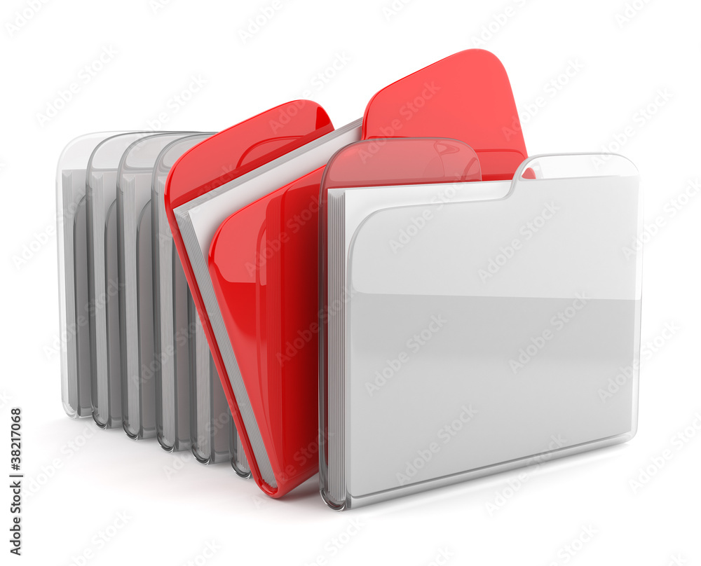 Row of folders and files. 3D illustration isolated on white back