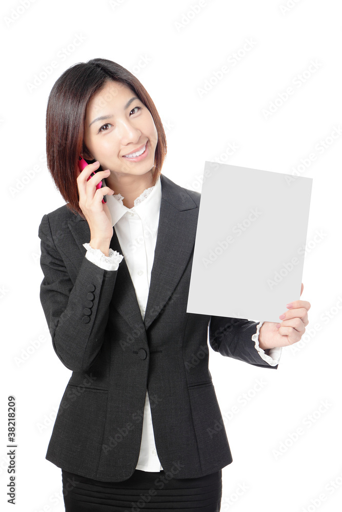 Beautiful Business woman take blank paper and speaking phone Beautiful Business woman take blank paper and speaking phone