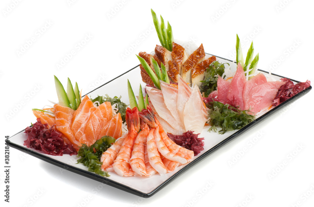 Set of Sashimi on Daikon with Seaweed, Cucumber Set of Sashimi on Daikon with Seaweed, Cucumber