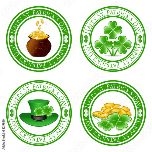 vector illustration of a set of green  stamps with four leaf clo