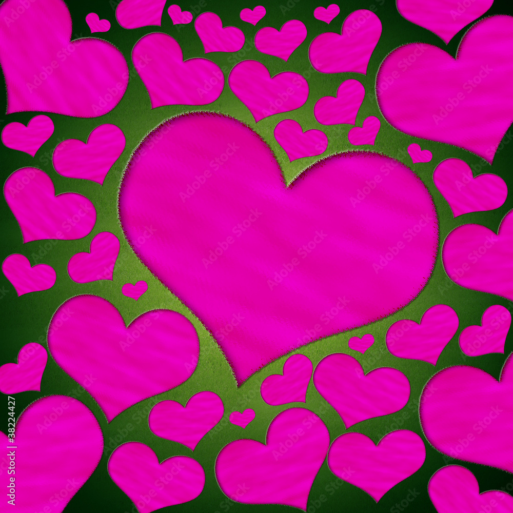Pink heart-shaped pond in the meadow